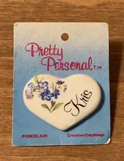 Vintage Pin Jewelry Personalized Name KRIS for KRISTINA Heart Porcelain Flowers