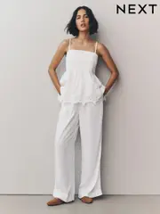 White Wide Leg Trousers with Linen (AT3090) | $41
