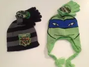 Teenage Mutant Ninja Turtles Boy Hat Beanie Gloves Set Leonardo Green Grey Black