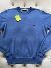 ETRO Milano Pullover Wool Knit Logo Crew Neck Sky Blue Sweater Men's M Size
