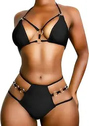 [Generic] Womens Sexy Thong Bikini Swimsuits String Push up Padded Bathing Suit 2 Piece Cheeky Swimwear with Metal Ring