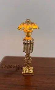 Vintage Dollhouse Miniature Filigree Table Lamp with Bead Fringe IT WORKS NOS