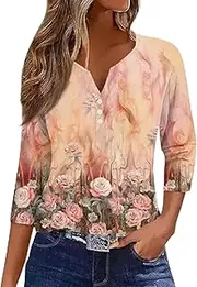 [Valtorixia] 3/4 Length Sleeve Women Henley V Neck Tops Casual Length Button Down Shirt Floral Print Blouses Plus Size Trendy Comfy Tees (color-b-42,Medium)