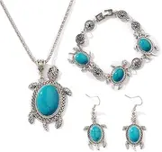 [NewZenro] Blue Turquoise Turtle Dangle Earrings Animal Pendant Necklace Bracelets Set Cute Boho Vintage Silver Plated Hypoallergenic Dangling Fashion Trendy Jewelry for Summer Beach Holiday, Adjustable