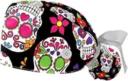 [WOSHJIUK] Working Hat 2 Pack Scrub Caps for Women,Floral Flower Sugar Skull Design,Tie Back Cap Adjustable Scrub Hat