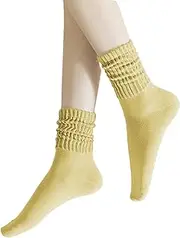[PLZSITDOWN] Women's Scrunch Crew Socks Retro Cotton Ribbed Sock Summer Light Athletic Slouch Socks, Yellow, One Size