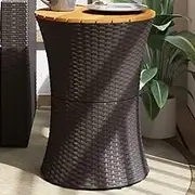 Garden Table Garden Side Table Drum Shape Black Poly Rattan and Solid Wood