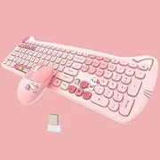 Cute Cat Keyboard and Mouse Combo Wireless, Kawaii Keyboard and Mouse for Girls and Kids, Soundless Colorful Keys, Compatible with Notebook, PC (Pink-110Keys)