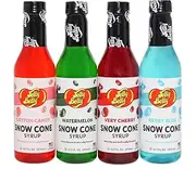 Jelly Belly Snow Cone Syrup Flavors- Shaved Ice Syrup, Slushie, and Ice Pop Flavoring for Party (4 Variety Pack - Cherry, Watermelon, Cotton Candy and Berry Blue)