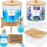 4 Pack Laundry Organization and Storage Set, Liquid Laundry Detergent Dispenser 3L with Shelf & Cup, Laundry Pods Container 3L with Bamboo Lids & Labels, Dryer Sheets Holder Fabric Softener Dispenser