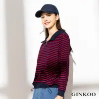 在飛比找momo購物網優惠-【GINKOO 俊克】條紋半拉鍊連帽上衣