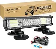 SKYWORLD 15 inch 216W Magnetic Car LED Light Bar with 12V Wiring Harness Cable Kit + Strong Magnetic Base Mounting Bracket Holder Off road Truck SUV 4x4, Driving Fog Lights 6000K White