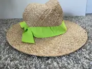 Nine West Woven Straw Packable Shade Sun Hat Floppy Braid Green Bow Style N744