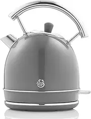 [Swan] Retro Electric Kettle 1.8 Litres, Vintage Design, Automatic Shut-Off Strix Controller, Wireless, BPA-Free Stainless Steel, 3000 W, Grey