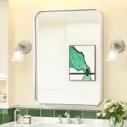 24 X 30 Inch Brushed Silver Bathroom Mirror for Wall Metal Rounded Corner Rectan