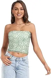 [GuoChe] Sexy Crop Tops for Women Green Abstract Swirls with Mesh Strapless Tube Top Bra Cover for Teen Nursing