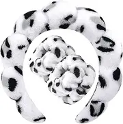 [Zkptops] Spa Headband for Washing Face Wristband Set Sponge Makeup Skincare Headband Wrist Towel Bubble Get Ready Hairband for Women Puffy Headwear Non Slip Thick Thin Hair Accessory(White Leopard)