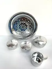 Vintage Style Thai Design Silver Tray Aluminium 3 Bowls with Lid & 1 Cups Gift