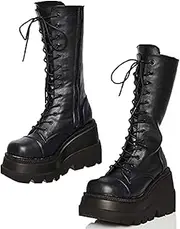 [Erocalli] Platform Goth Boots for Women Wedges Heels Mid Calf Boots Gothic Combat Motorcycle Riding Boots with Side Zip