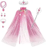 AUTOWT Girl Princess Costume - Shiny Cloak With Necklace, Jewelry, Headwear, Crown, Wand, Earrings, Bracelets, Rings - for Halloween, Christmas, Birthday