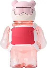 Bear Shaped Water Bottle 400 ml, Plastic Drink Container with Straw, Lightweight Portable Mug for Sports Gym Hiking, Leakproof (Pink)