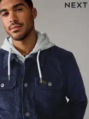 Navy Blue Hooded Corduroy Borg Lined Shacket (B53232) | $81