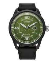 Citizen Avion Green Dial Black Leather Band Watch Date Display AW1735-03X