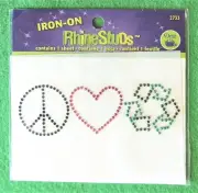 Icons Heart, Recycle Symbol & Peace Sign Dritz Iron-On RhineStuds Craft #2733
