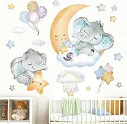 FUFUQUARE Cartoon Sleeping Elephant Wall Stickers Yellow Moon Star Balloon and Cloud Wall Art Decals, Removable Cute Animals DIY Baby Kids Bedroom Décor