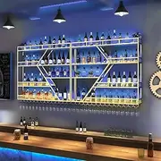 Wall Mounted Wine Rack with Light,3/4Tier Wine Bottle Shelf with Glass Holder, Bar Shelves Bar Liquor Bottle Display Shelf Wine Storage Rack (Gold with Blue Light, 4TIERS-95''*48.5''*7.9'')