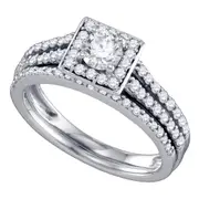 14k White Gold Round Diamond Square Halo Bridal Wedding Ring Set 1 Cttw