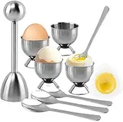 Egg Cracker Topper Cutter Set for Hard Boiled Eggs,With 4X Stainless Steel Egg Cups for Soft Boiled Eggs,4 X Egg Spoons,1 X Magnetic Egg Piercer,for Breakfast Kitchen Tool