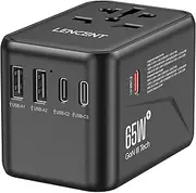 LENCENT Universal Travel Adapter, GaN III 65W International Charger with 2 USB Ports & 3 USB-C PD Fast Charging Adaptor, Worldwide Wall Charger for iPhone, Laptop, USA/UK/EU/AUS, (Black)