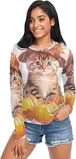 [RPLIFE] Kitten Fall Leaves Hat Pumpkins Womens Mesh Long Sleeve Top, Sheer Rave Top S-XXL