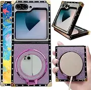 [Fofvccv] Bling Glitter Case for Samsung Galaxy Z Flip 5 with Make Up Mirror, Women Girls Shiny Luxury Plated Holder Cover for Samsung Galaxy Z Flip5, BFS Purple