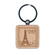 Paris France Eiffel Tower Destination Travel Engraved Wood Square Keychain