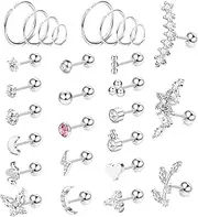 [Kakonia] 28 Pcs 16g Cartilage Earring Stud Hoop for Women Tragus Stud Earring Cartilage Piercing Jewelry Surgical Steel Forward Helix Earrings Hoop Rook Daith Conch Piercing Jewelry