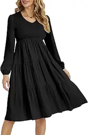 [Ailsi] Womens Spring Puff Sleeve V Neck Smocked High Waist Tiered Swing Midi Dress