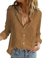 [Generic] Womens V Neck Button Down Linen Shirts Roll up Long Sleeve Blouses Roll Up Casual Work Plain Solid Tops