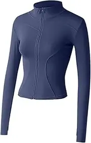 [Frediuo] Outdoor Sports Jacket Gym Tops Women Simple Full Zip Yoga Crop Tops Long Sleeve with Stand up Collar Workout Jacket