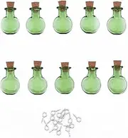 10 Pieces Vibrant Colored Tiny Flat Oval Spell Jars – Glass Mini Potion Wishing bottles with Cork Stoppers for Wedding, Party, and DIY Crafts Supplies (Green)