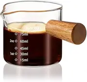YARRAMATE Espresso Shot Cup with Wood Handle, Clear Glass Accessories, Measuring Cup with Dual Scale, Single Spout Shot Glass, 3.4oz/100 ML