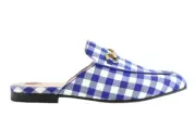 Gucci Princetown Blue White Plaid Check Slide Loafer Mule Slipper Flat 36