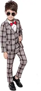[GELE] Boy 4 Pieces Plaid Formal Suit Set,Vest+Pants+Blazer+Bow Tie (3T, Brown)