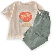 [Cigit Concept] CIGIT - Kids 100% Cotton Palm Printed Linen Muslin Two-Piece Set - Sand T-Shirt and Pants Set for Ages 2-8 Years