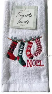 Christmas Stockings Garland Fingertip Towels Embroidered Set of 2 White Holiday