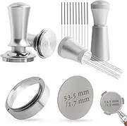 Coffee Tamper 54 mm Set, Upgraded Espresso Tamper Set Including WDT Tool, Dosing Ring 54 mm, Puck Screen 54 mm, Pressure-Regulating Tamper Base Ripple Made of Stainless Steel with 30 lbs Contact