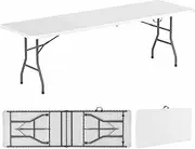 Costway 245cm Outdoor Portable Folding Table, 160kg Fold-in-Half Table w/HDPE Tabletop, Safe Lock Mechanism, Patio Folding Dining Table w/Carrying Handle for Party, Picnic, Camping (White)