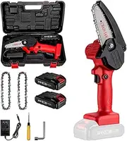 Mini Chainsaw Cordless with 2 Batteries,4 Inch Portable One-Handheld Battery Powered Chainsaw with 2 Chains, Small Chainsaw for Gardening Pruning
