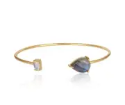 Yellow Gold Plated Two Stone Cuff Bangle Moonstone & Labradorite Jewelry Women
